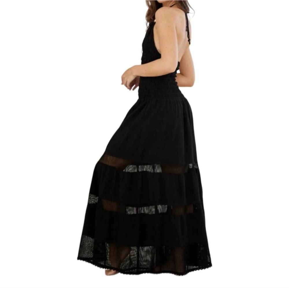 Blanco By Nature Carolina Dress Black Maxi Crochet Halter Cotton, size M